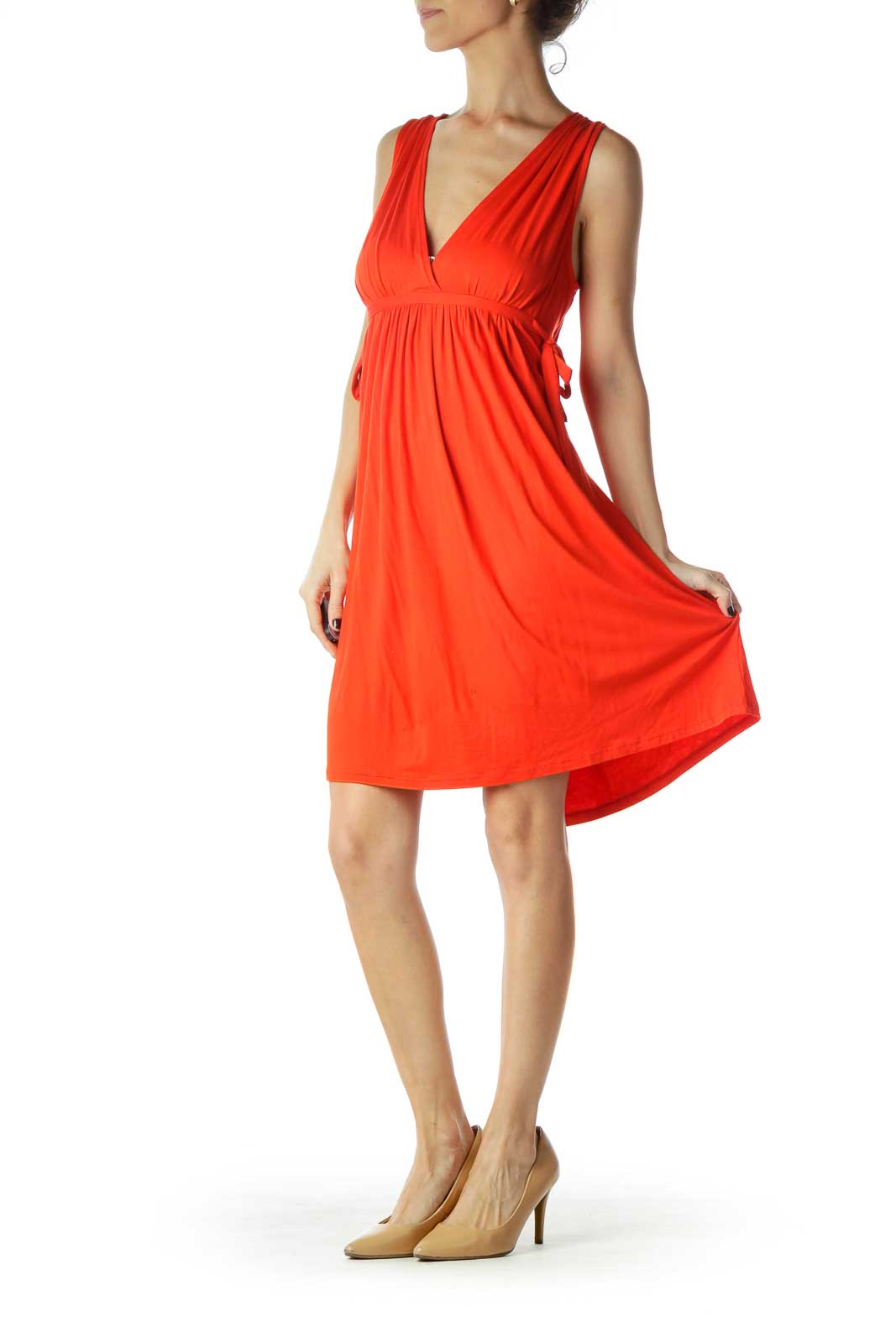 Red V-Neck Drawstring Dress