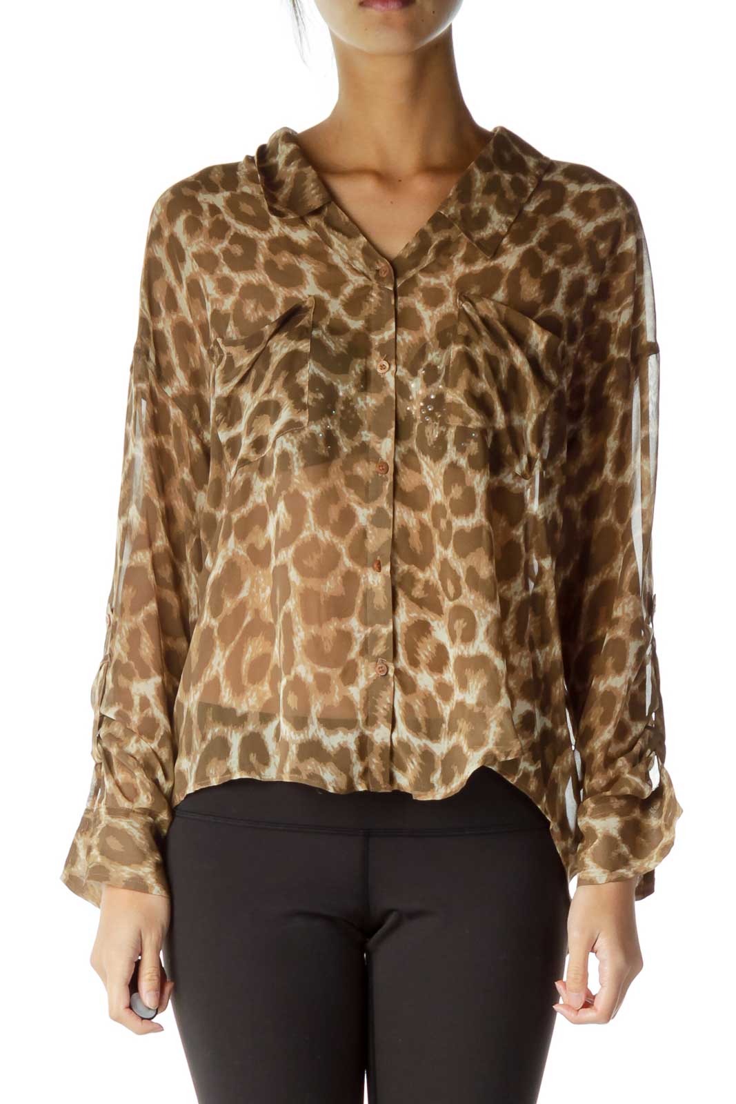 Front view of Free People brown leopard print button-up blouse