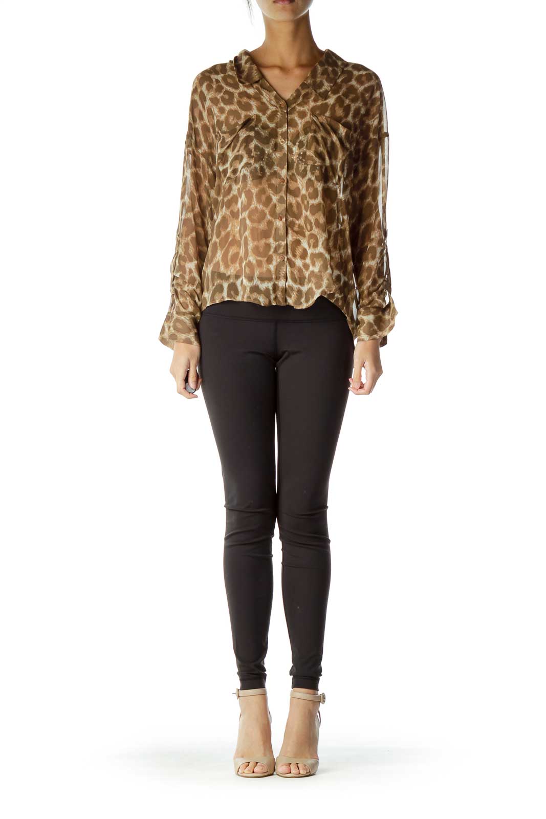 Front view of Free People brown leopard print button-up blouse