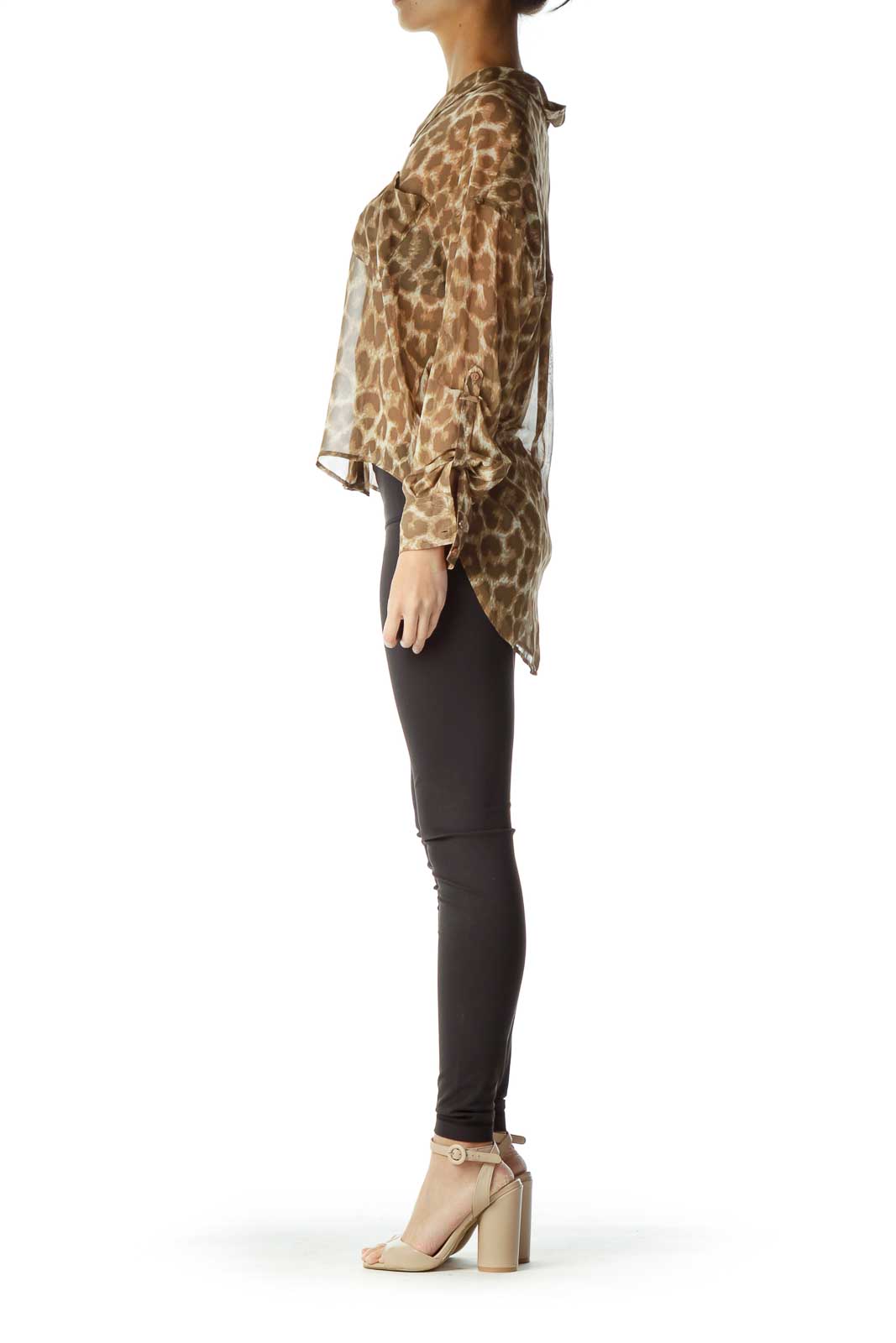 Front view of Free People brown leopard print button-up blouse