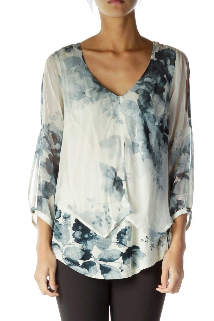 Cream Blue Flower Print Cold Shoulder Top