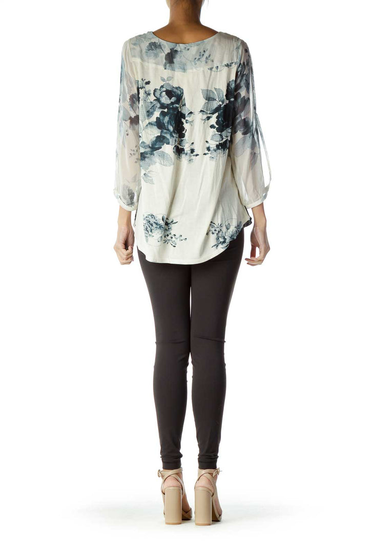 Cream Blue Flower Print Cold Shoulder Top