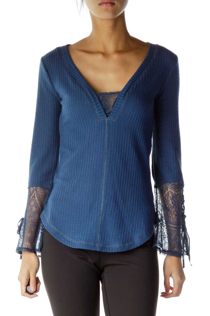 Blue Lace Sleeve Detail V-Neck Top