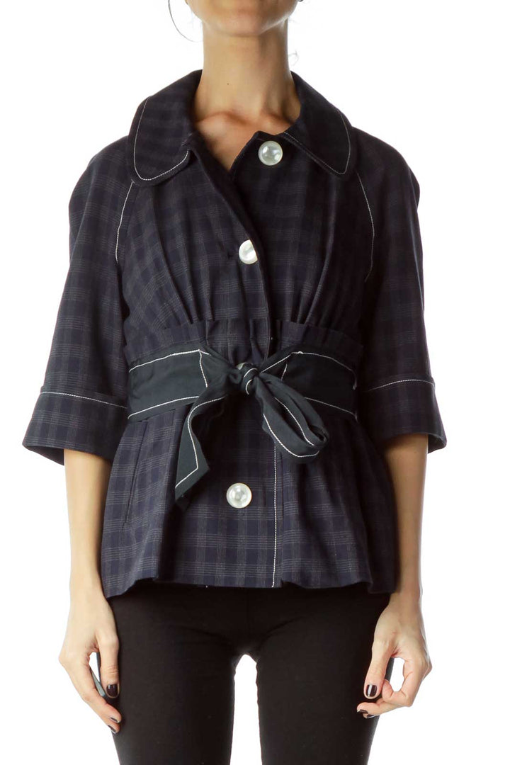 Navy Checkered Crop Sleeve Belted Jacket