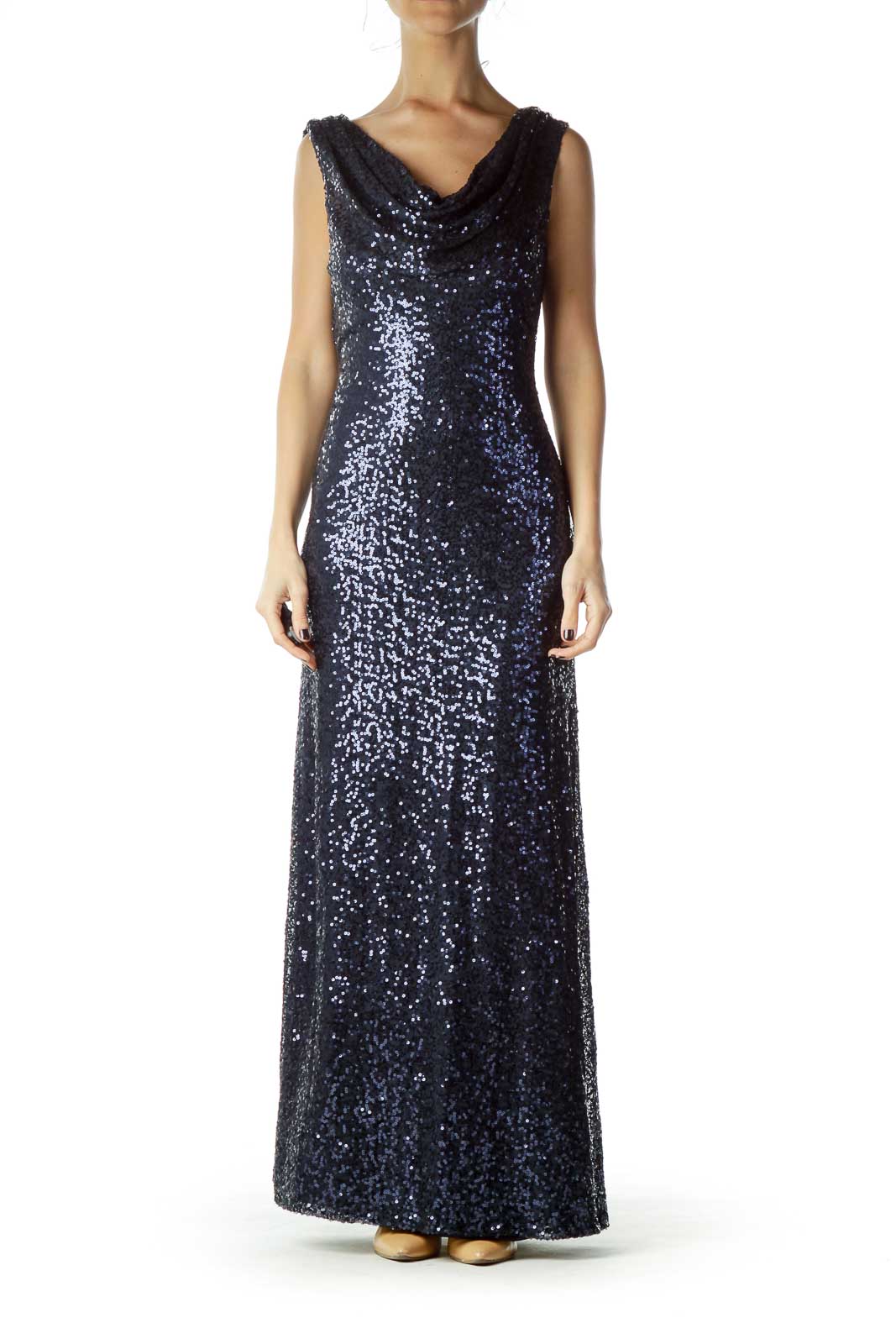 Blue Sequined Cowl Neck Evening Dress