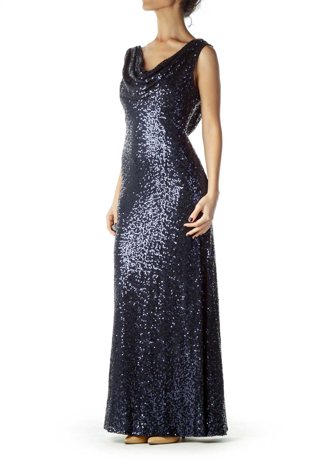 Blue Sequined Cowl Neck Evening Dress