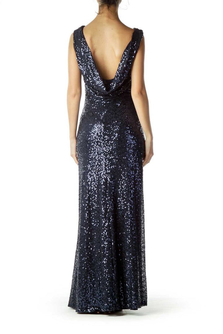 Blue Sequined Cowl Neck Evening Dress