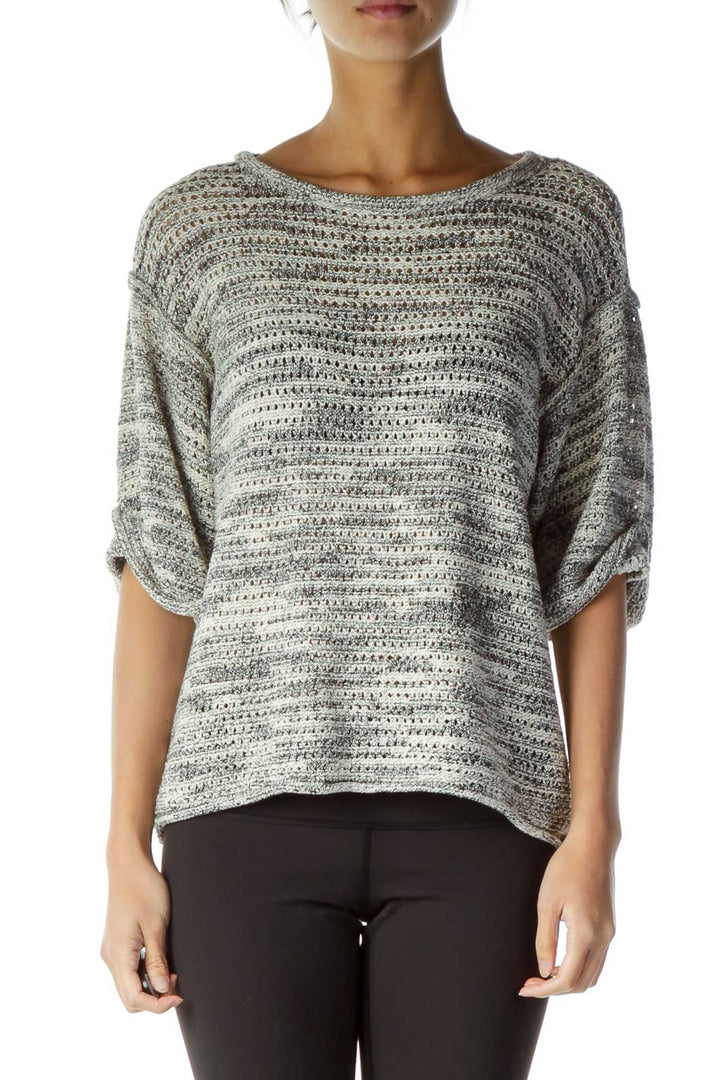 Cream Gray Mottled Crocheted Knit Top