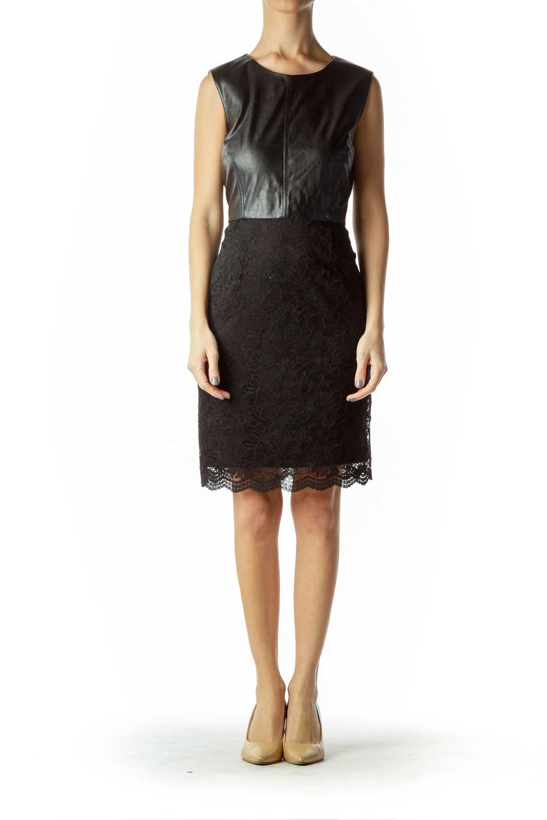 Black Lace Faux Leather Sleeveless Dress