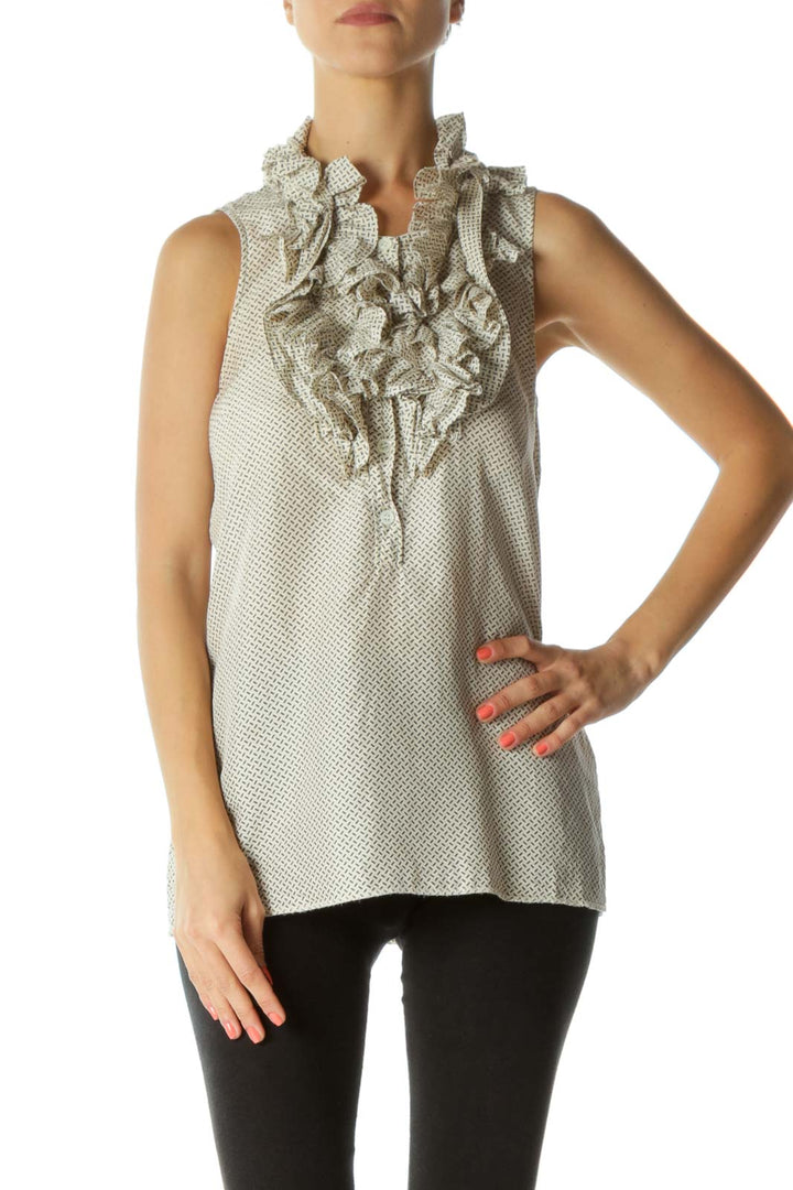 Beige Printed Sleeveless Blouse with Ruffles