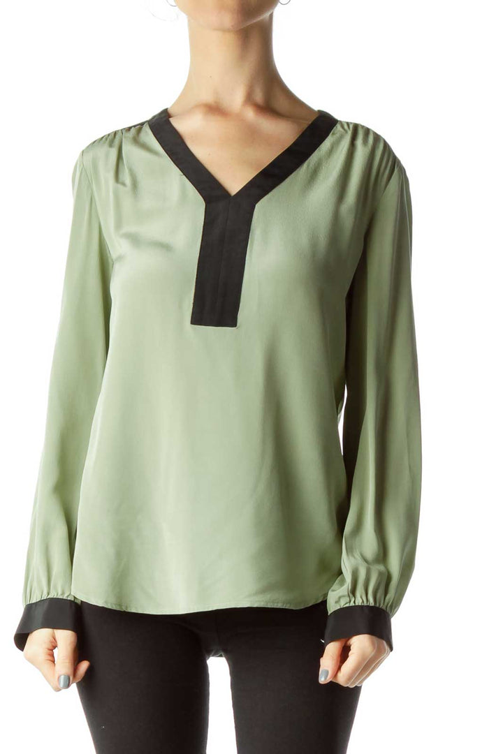 Green Color Block Silk Blouse