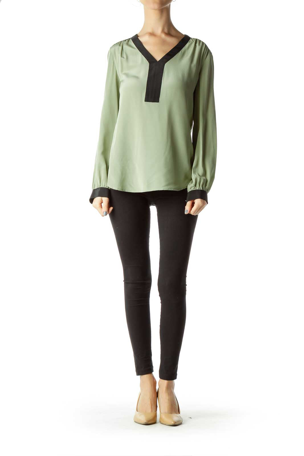 Green Color Block Silk Blouse