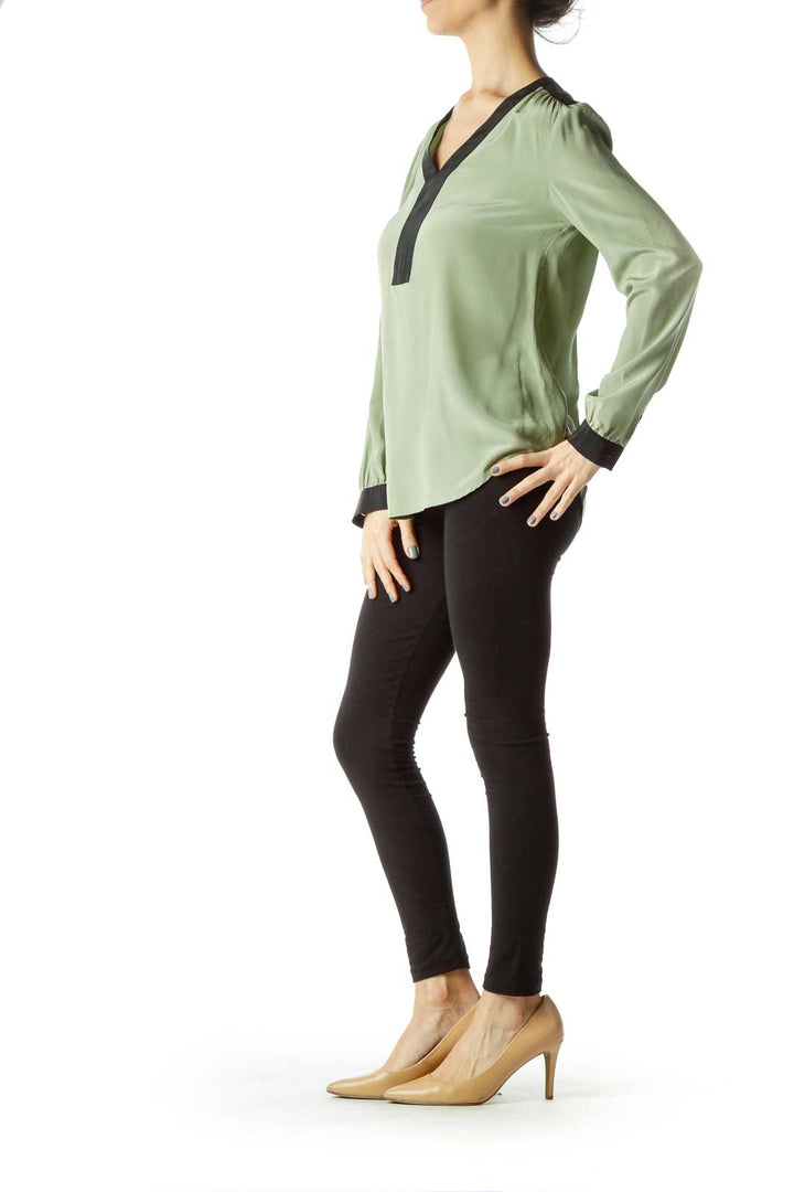 Green Color Block Silk Blouse