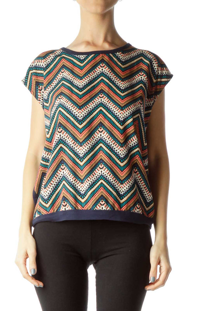 Navy Multicolor Print Sleeveless Top