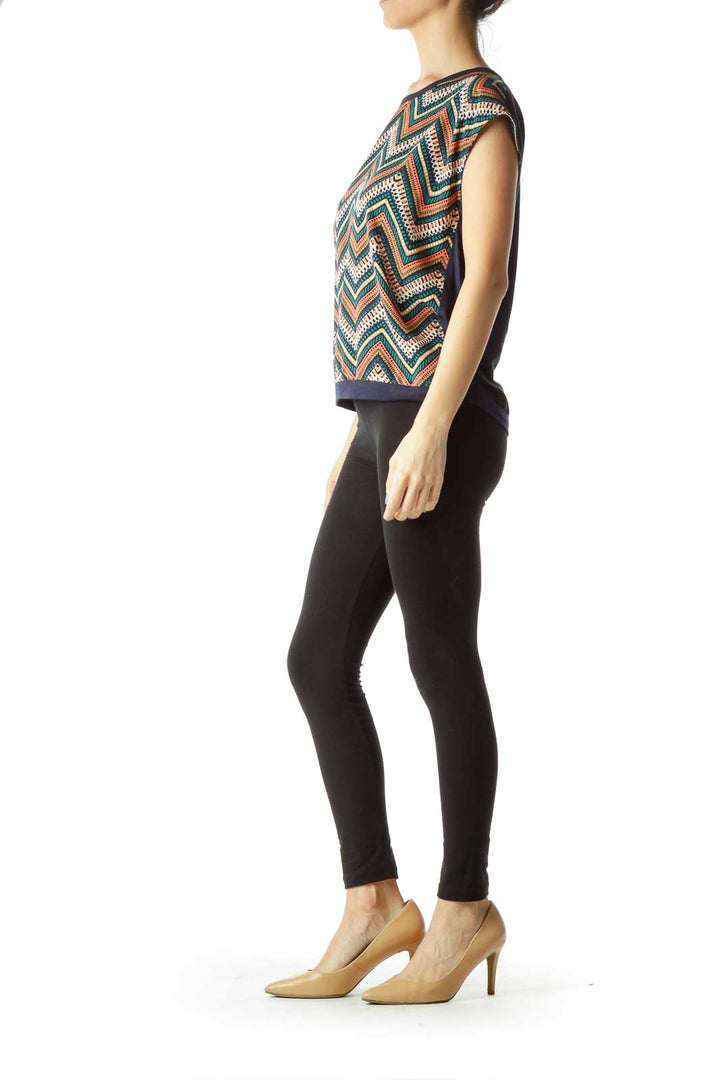 Navy Multicolor Print Sleeveless Top