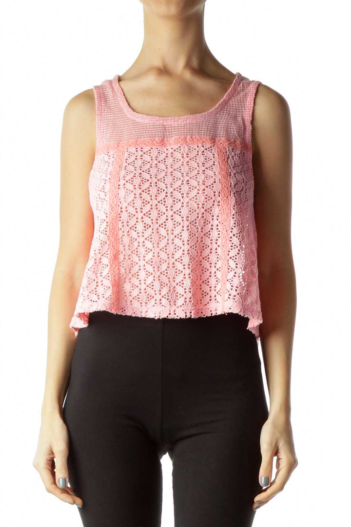 Front view of Free People pink lace cropped tank top with floral pattern