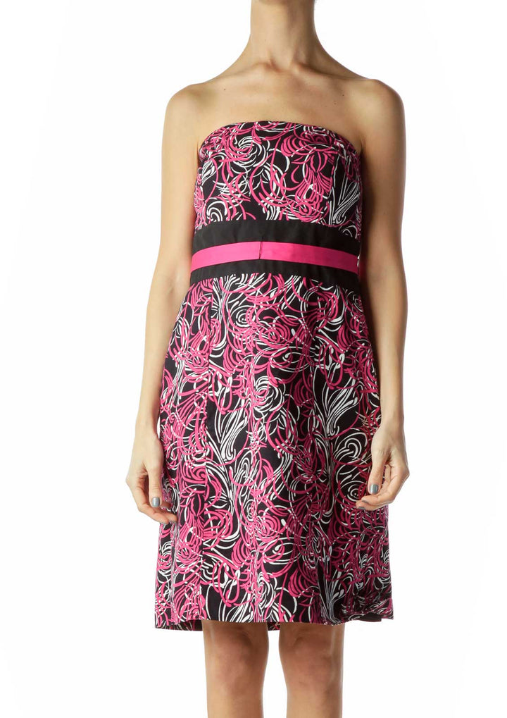 Pink Black Print Strapless Dress