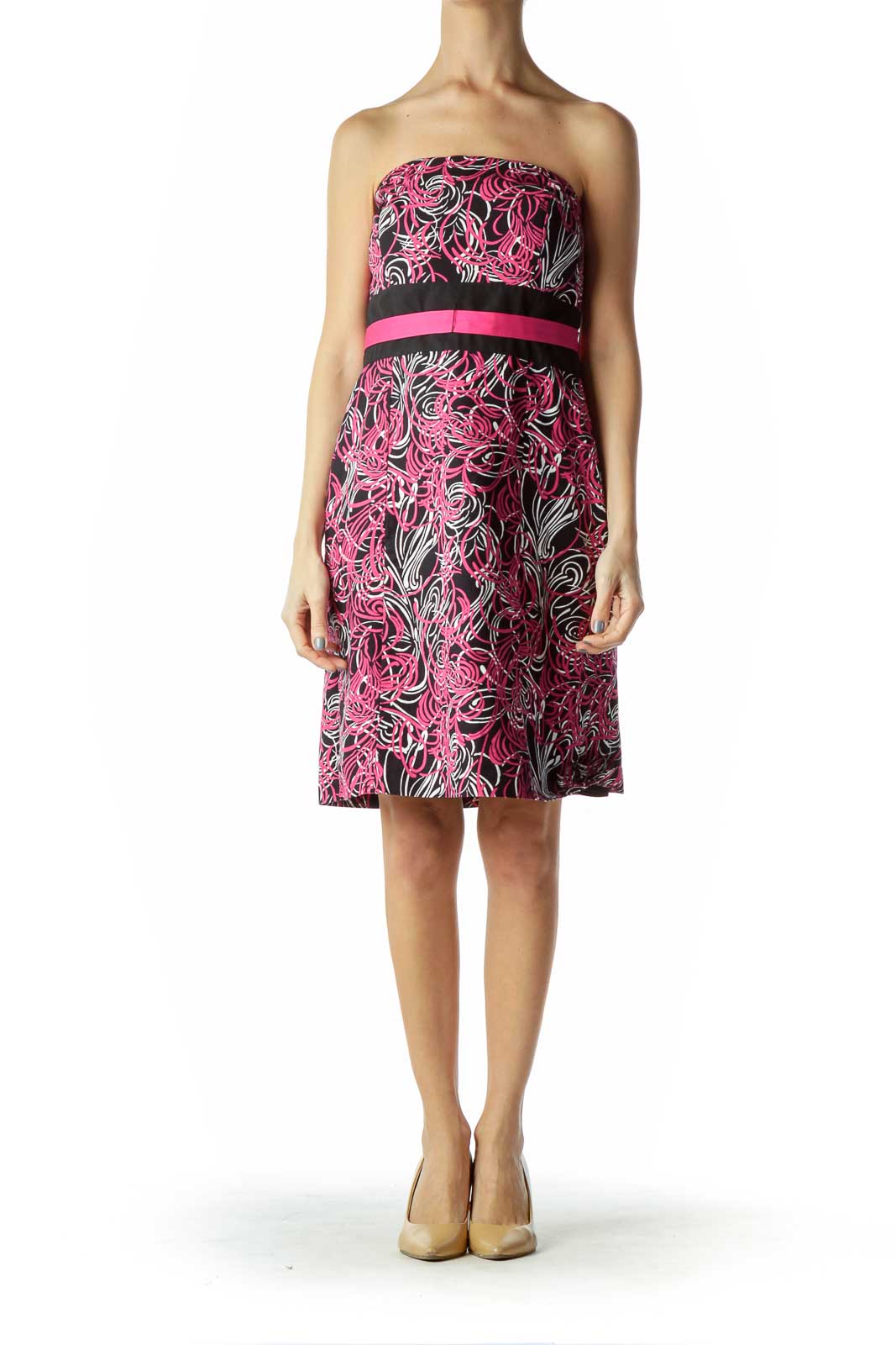 Pink Black Print Strapless Dress