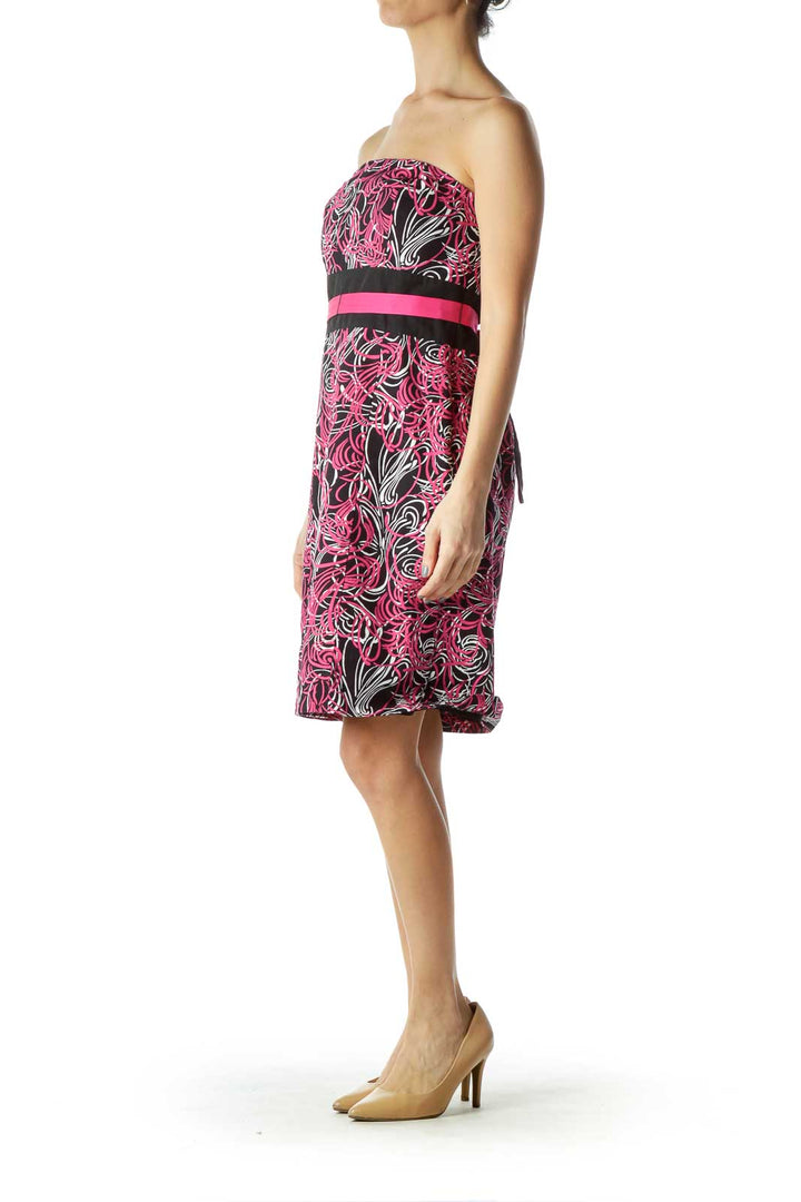 Pink Black Print Strapless Dress