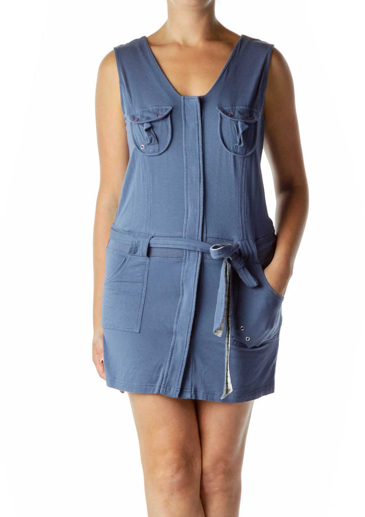 Blue Pocketed Jersey Dress