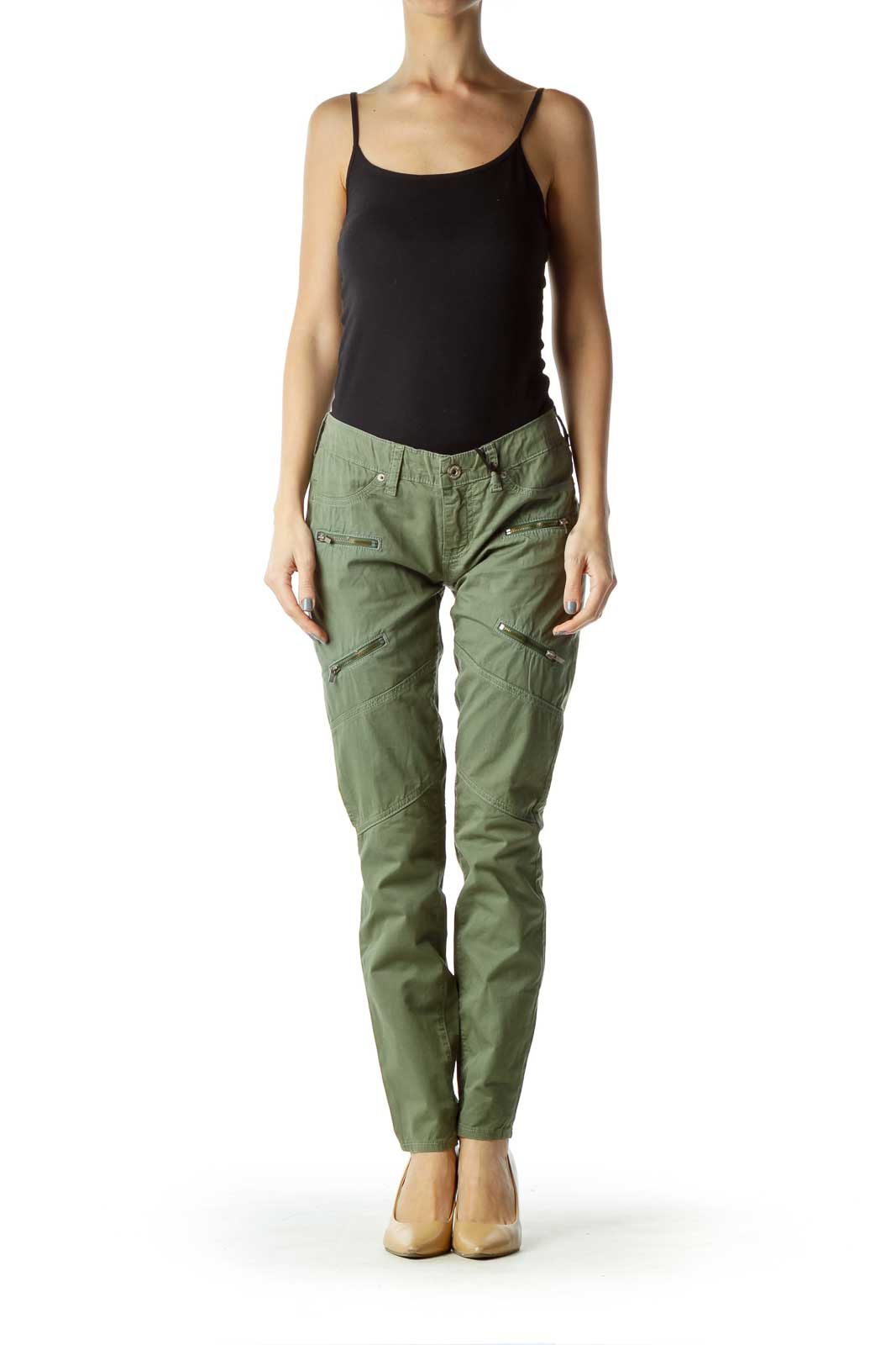 Green Skinny Cargo Pant with Zipper Detail