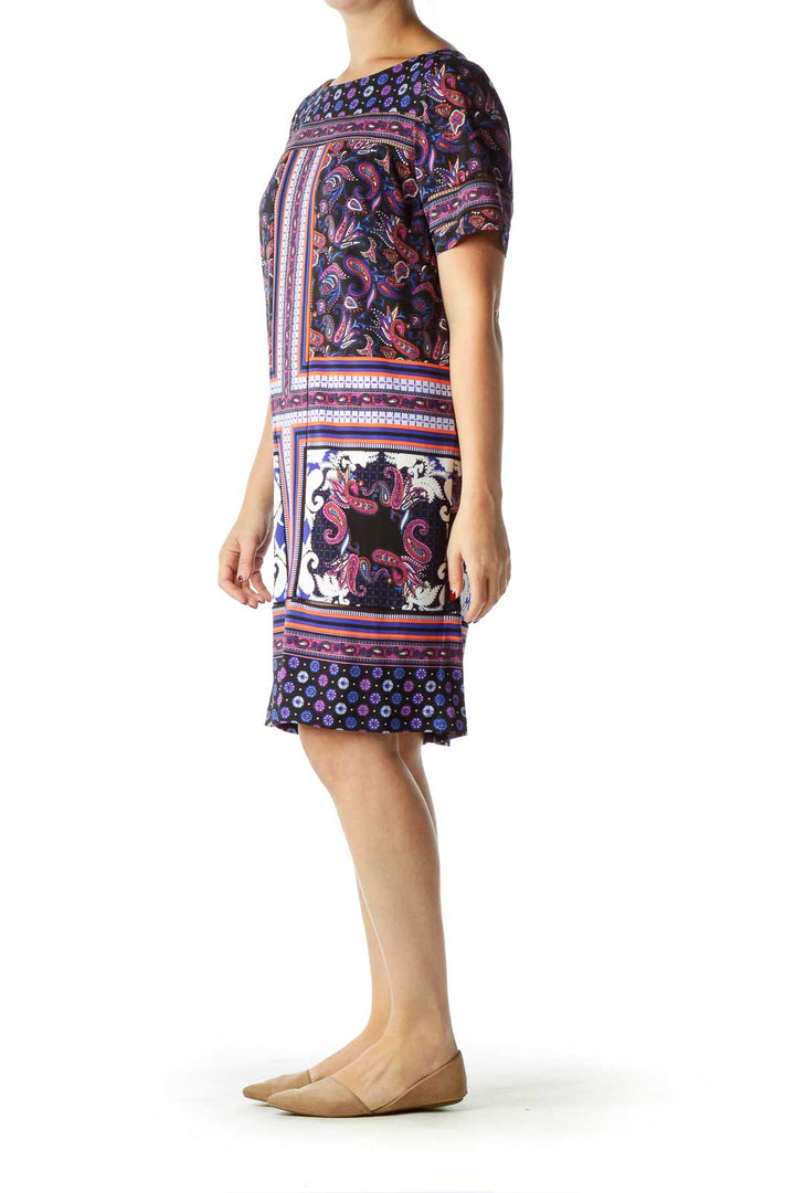 Black Blue Purple Paisley Print Shift Dress