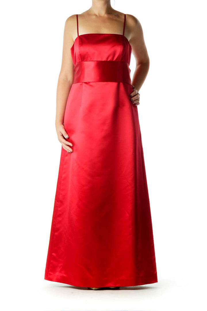 Red Satin Evening Dress with Bow