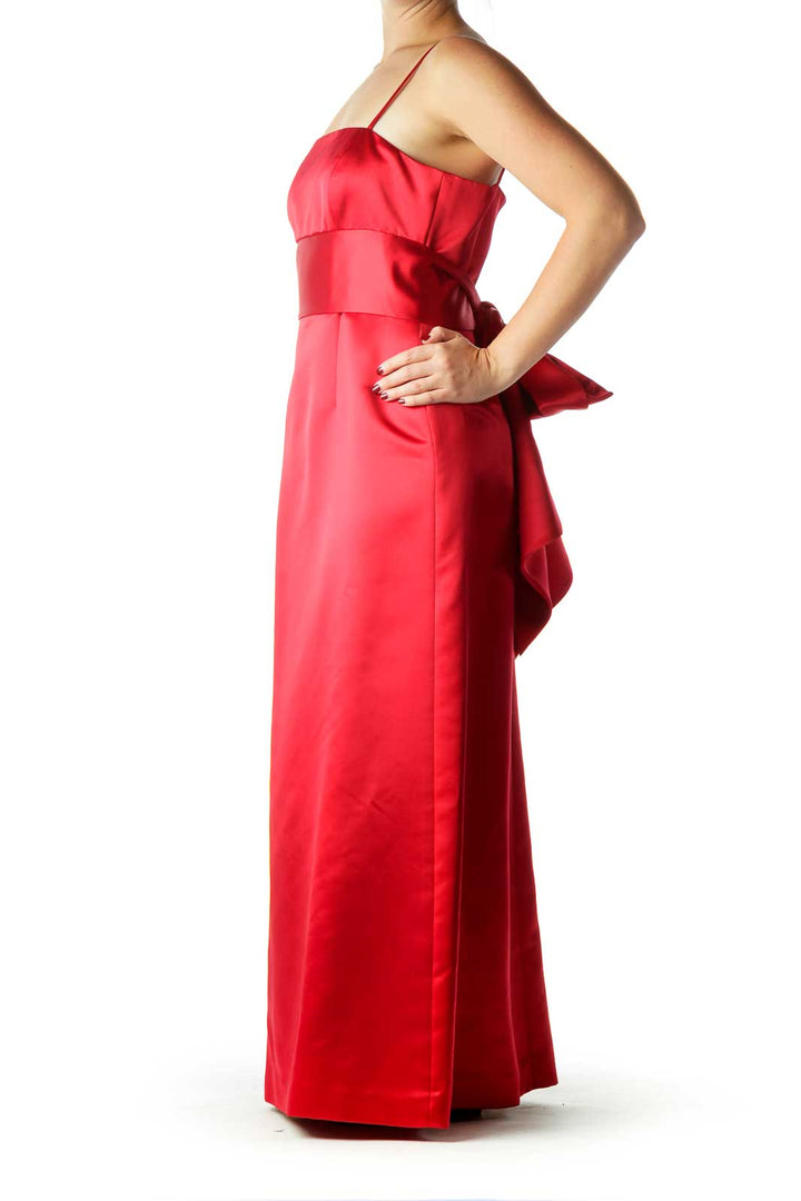 Red Satin Evening Dress with Bow