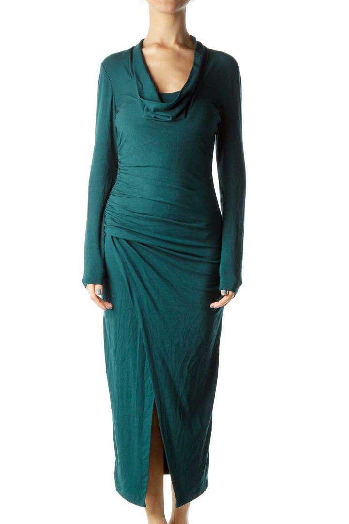 Dark Green Cowl Neck Fitted Jersey Dress