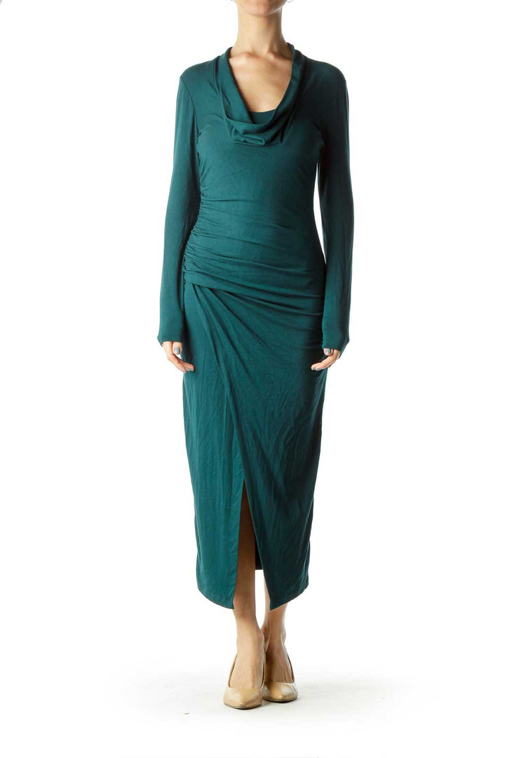 Dark Green Cowl Neck Fitted Jersey Dress