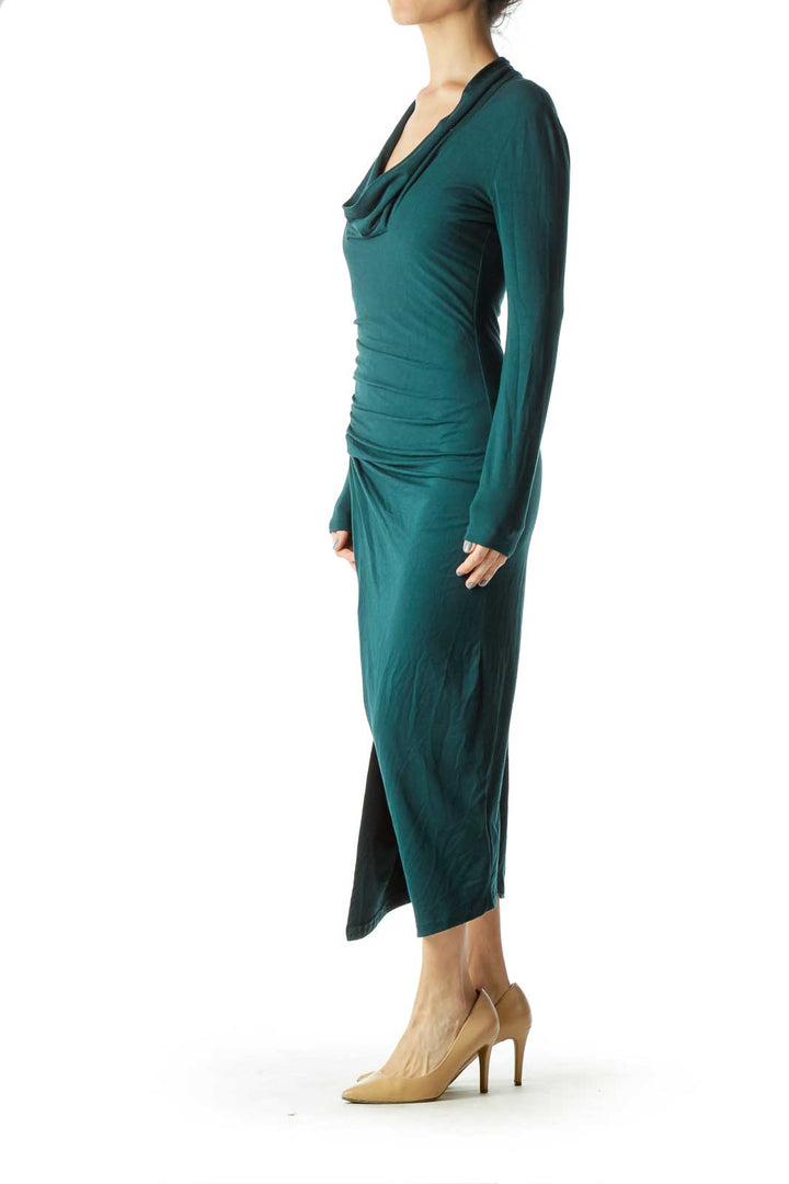 Dark Green Cowl Neck Fitted Jersey Dress