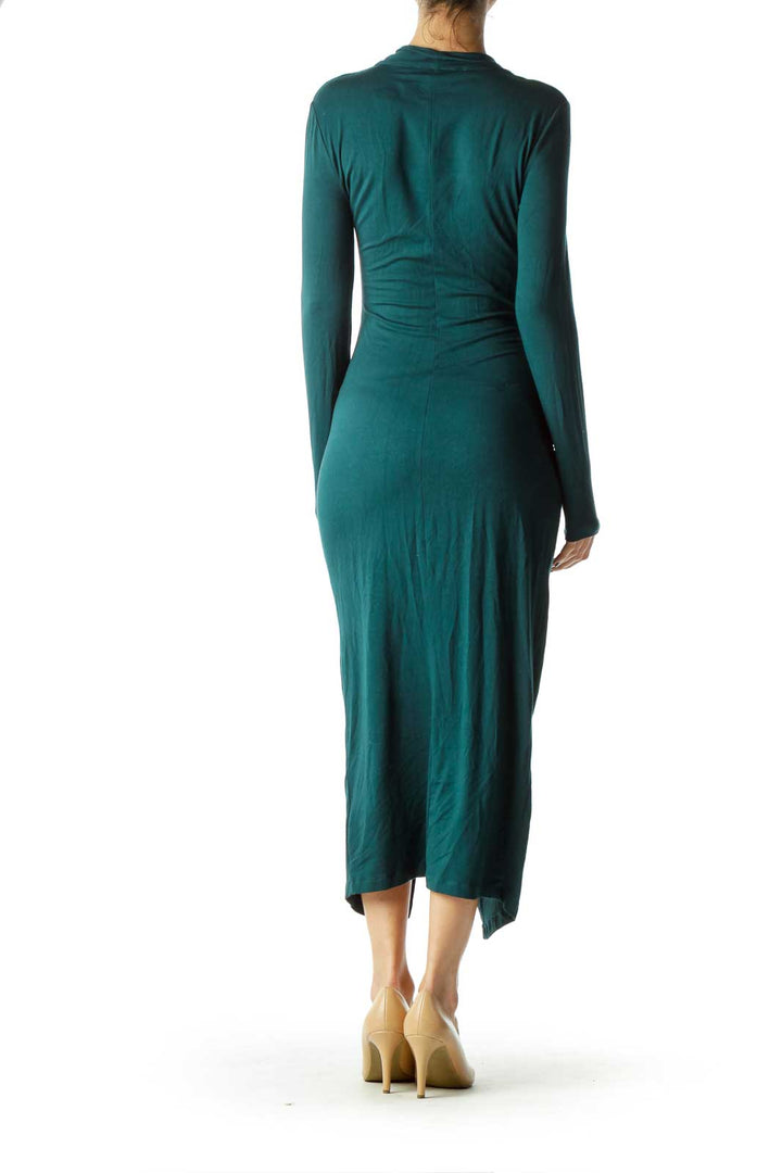 Dark Green Cowl Neck Fitted Jersey Dress