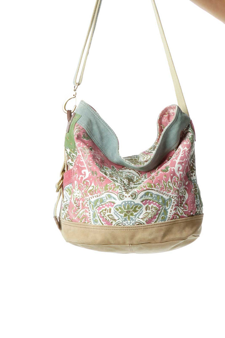 Beige Suede Paisley Print Crossbody Bag