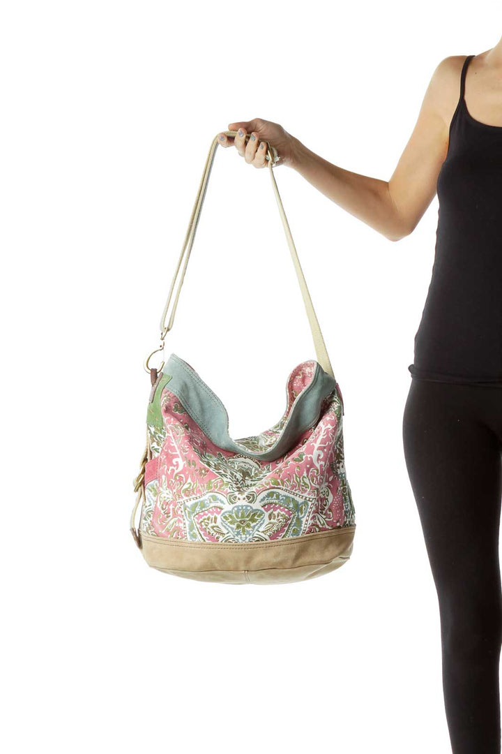 Beige Suede Paisley Print Crossbody Bag