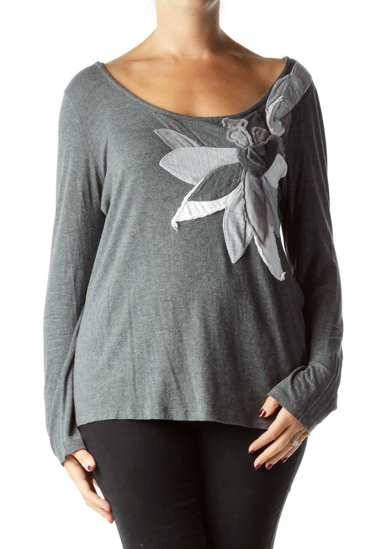 Gray Long Sleeve Top with Flower Design