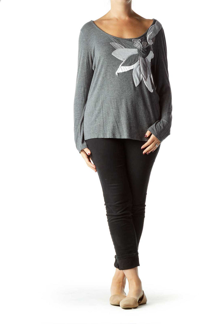 Gray Long Sleeve Top with Flower Design