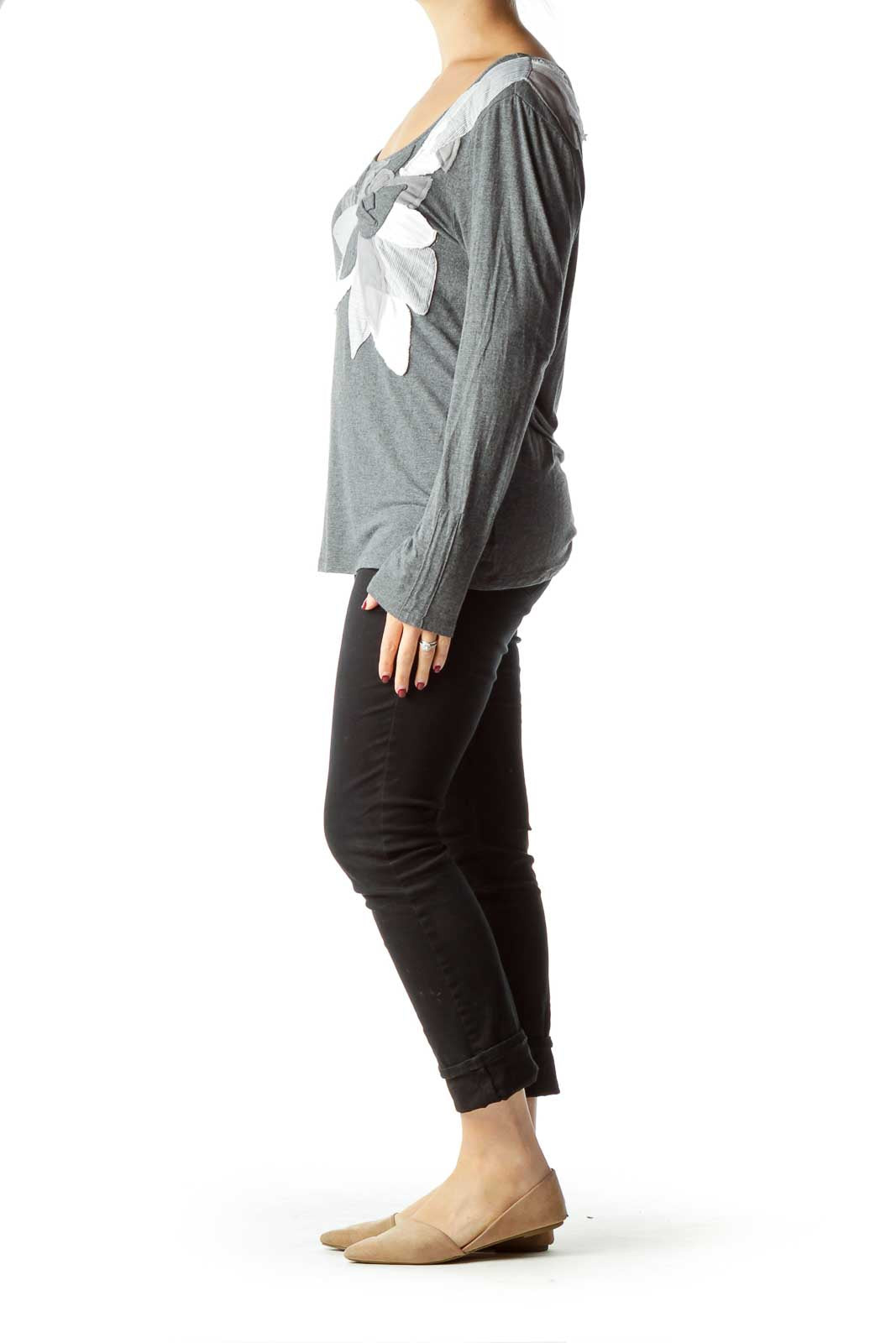 Gray Long Sleeve Top with Flower Design