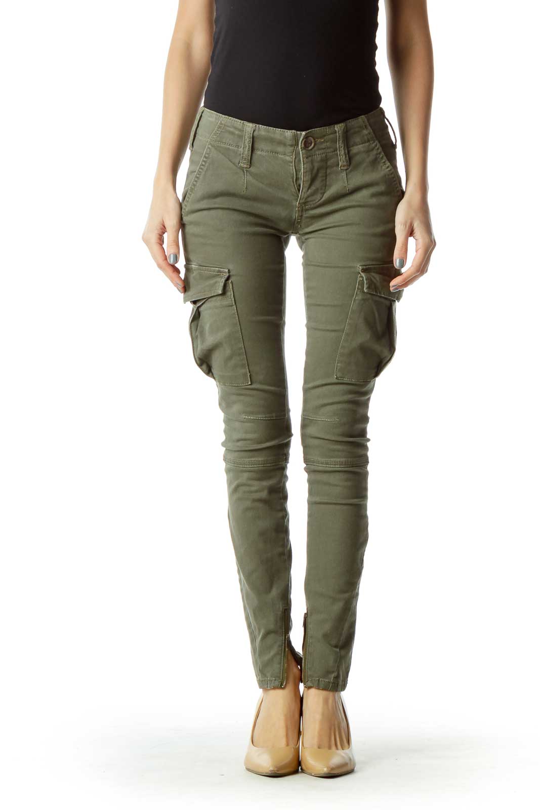 Front view of olive green slim-fit cargo pants from Free People