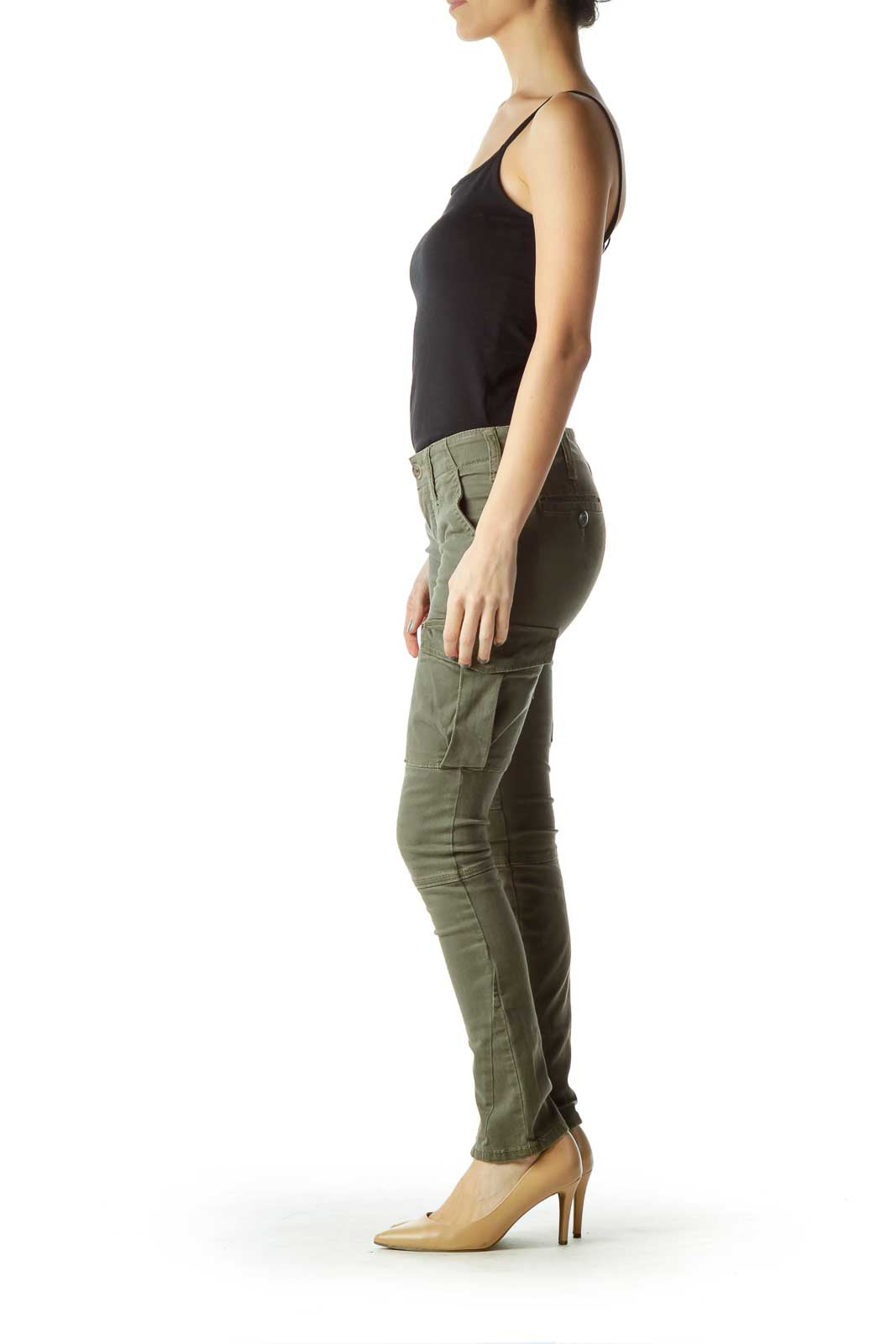 Front view of olive green slim-fit cargo pants from Free People