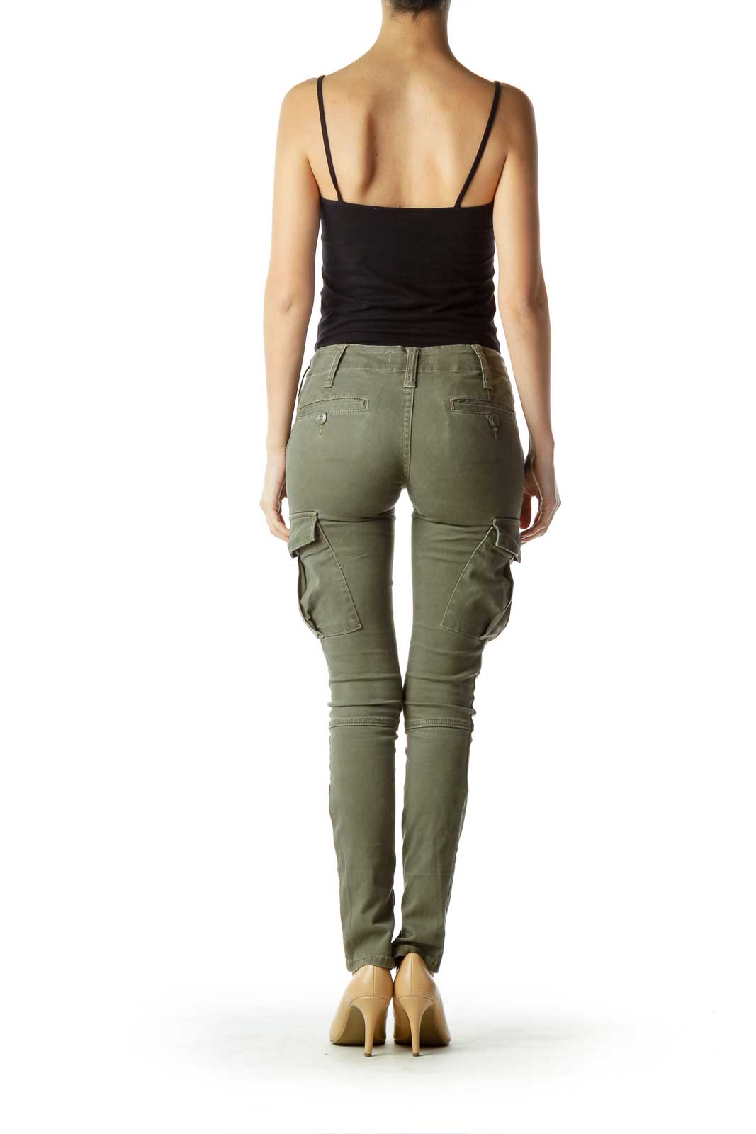 Back view of olive green slim-fit cargo pants from Free People