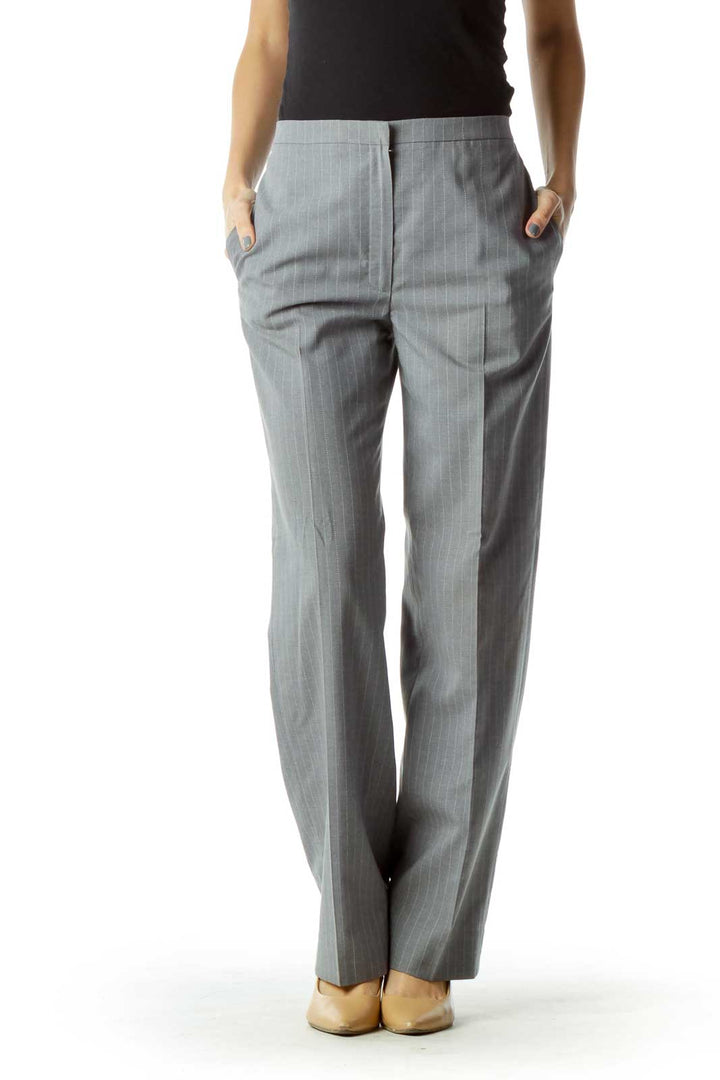 Gray Striped Straight-Leg Pants