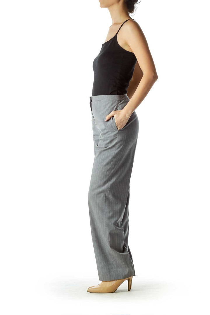 Gray Striped Straight-Leg Pants