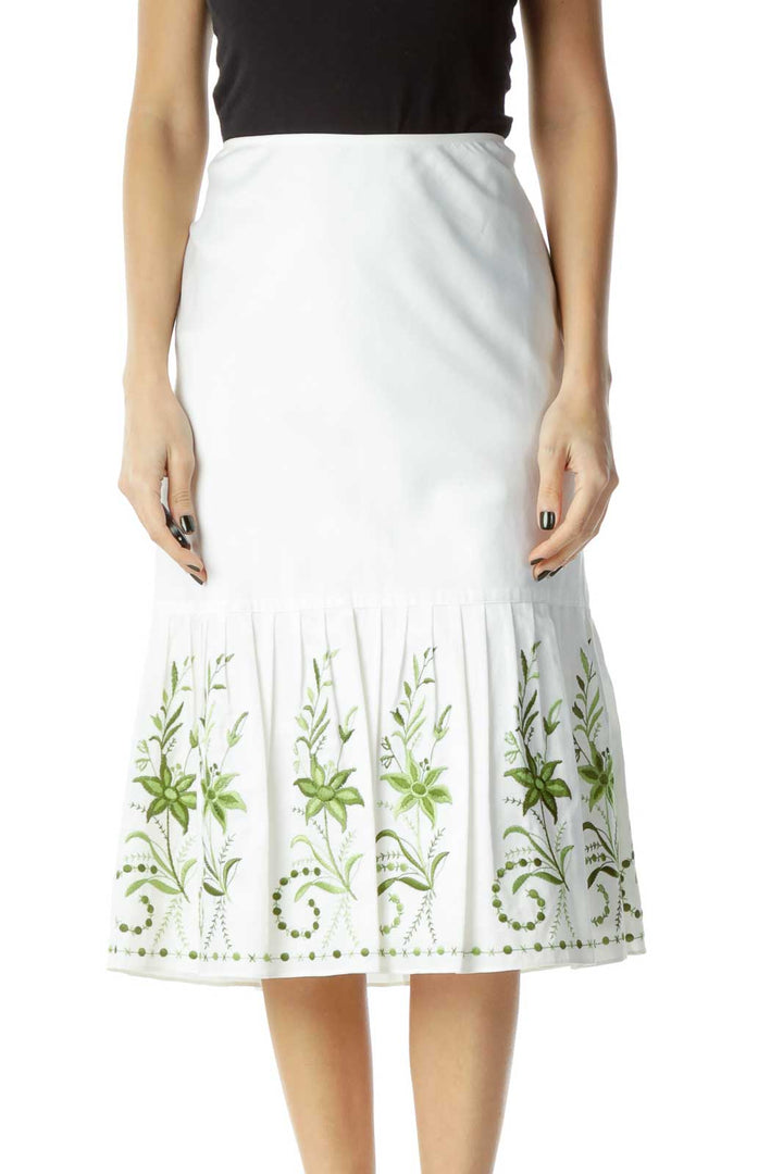 White Green Embroidered A-Line Skirt