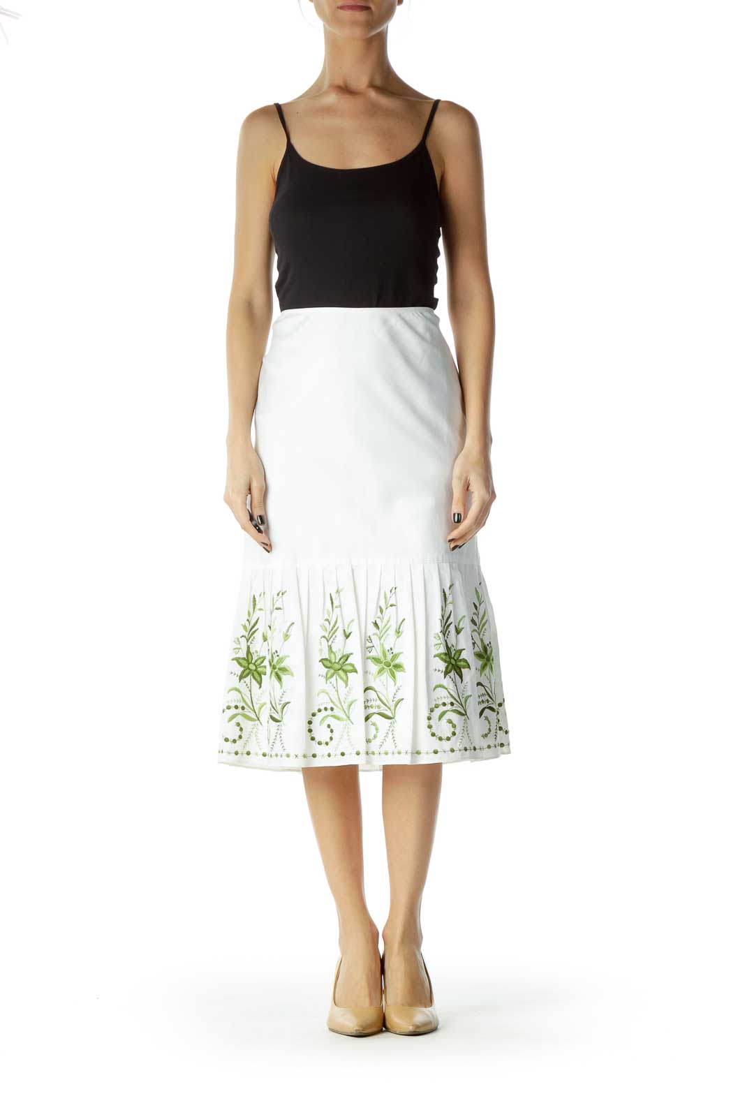 White Green Embroidered A-Line Skirt