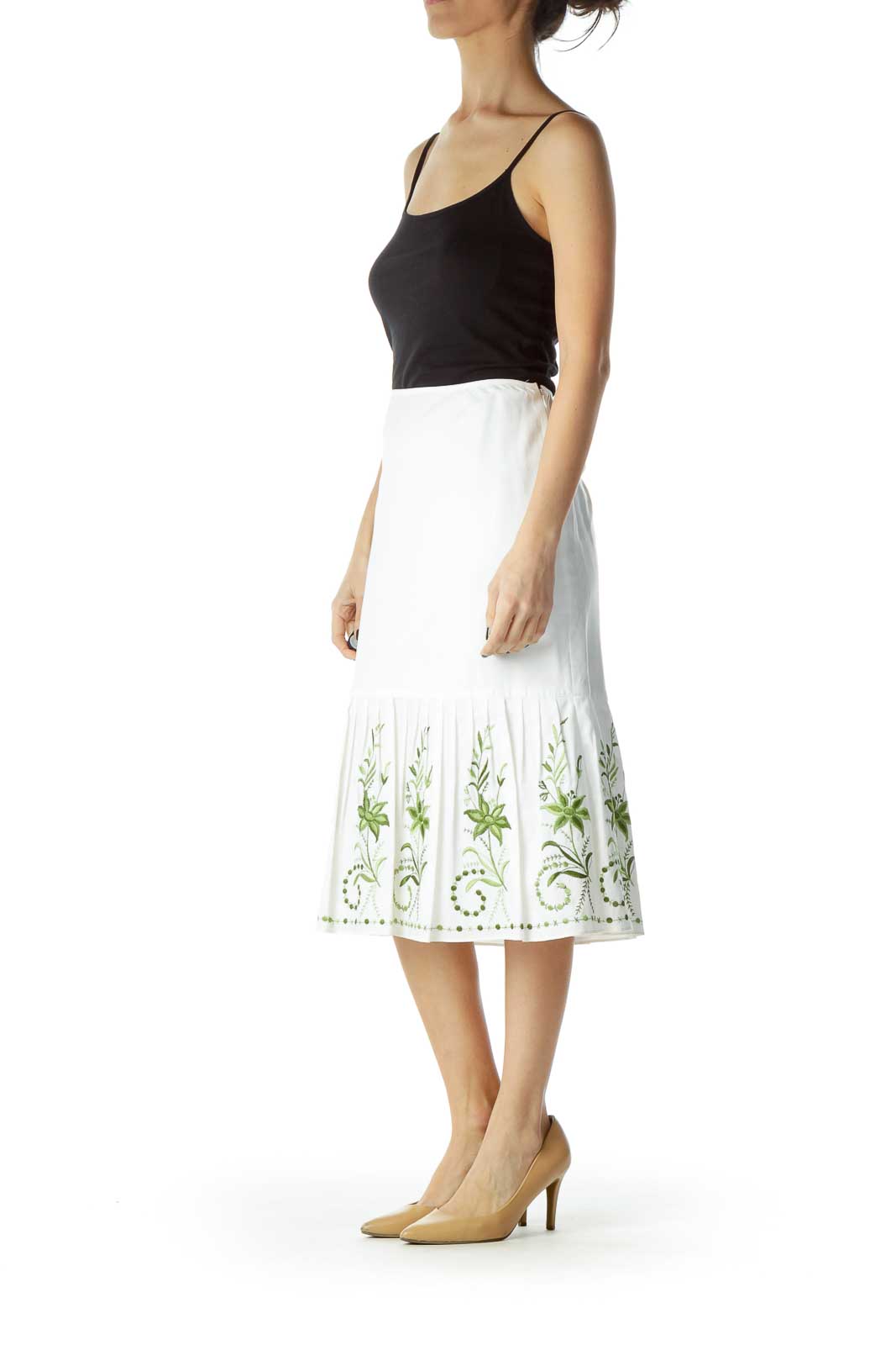 White Green Embroidered A-Line Skirt