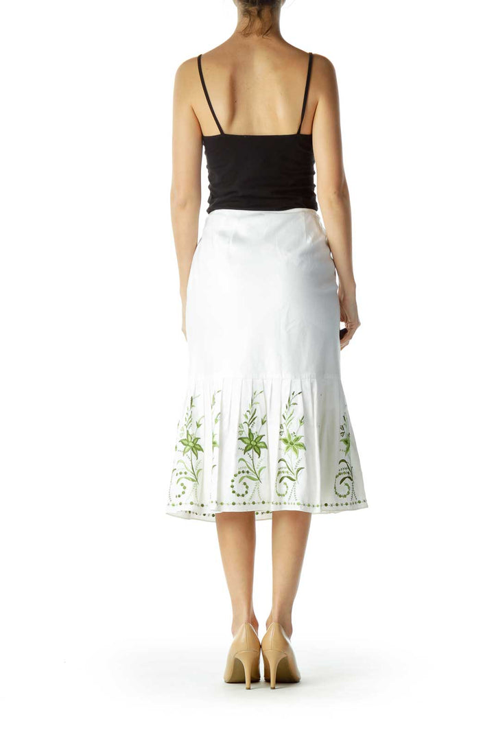 White Green Embroidered A-Line Skirt