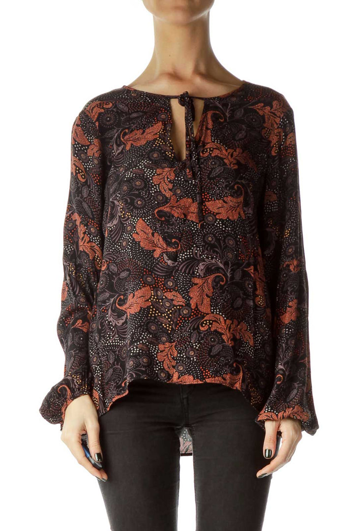 Black Printed Long Sleeve Tie Blouse