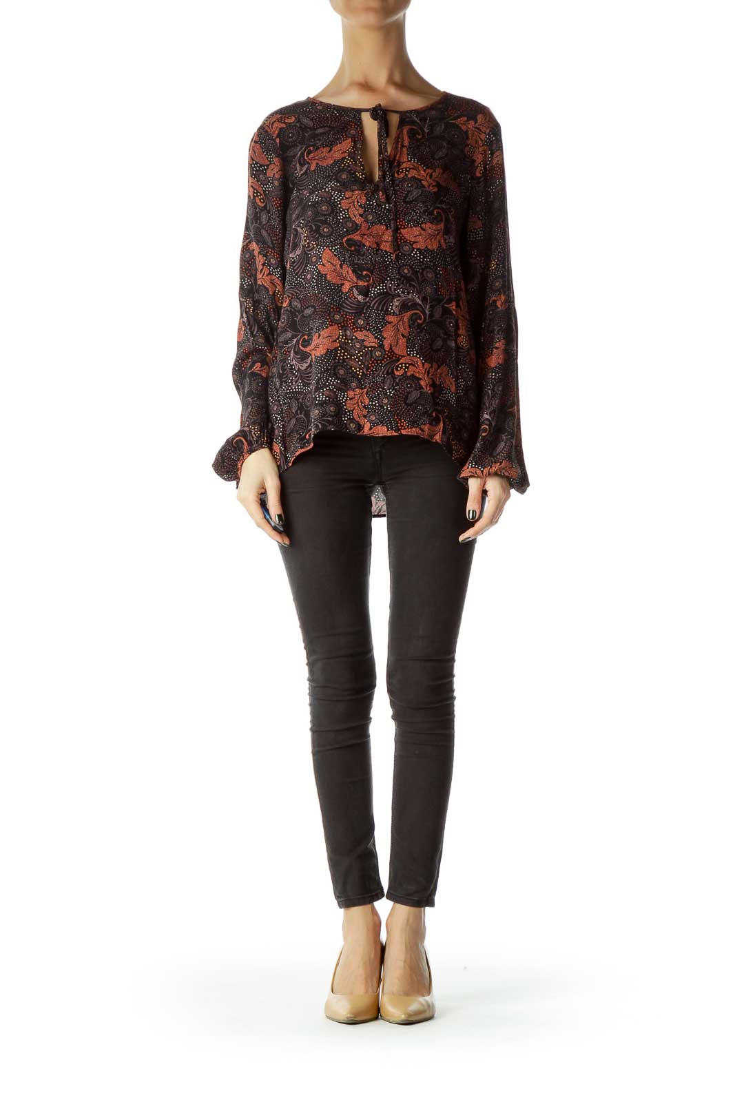 Black Printed Long Sleeve Tie Blouse