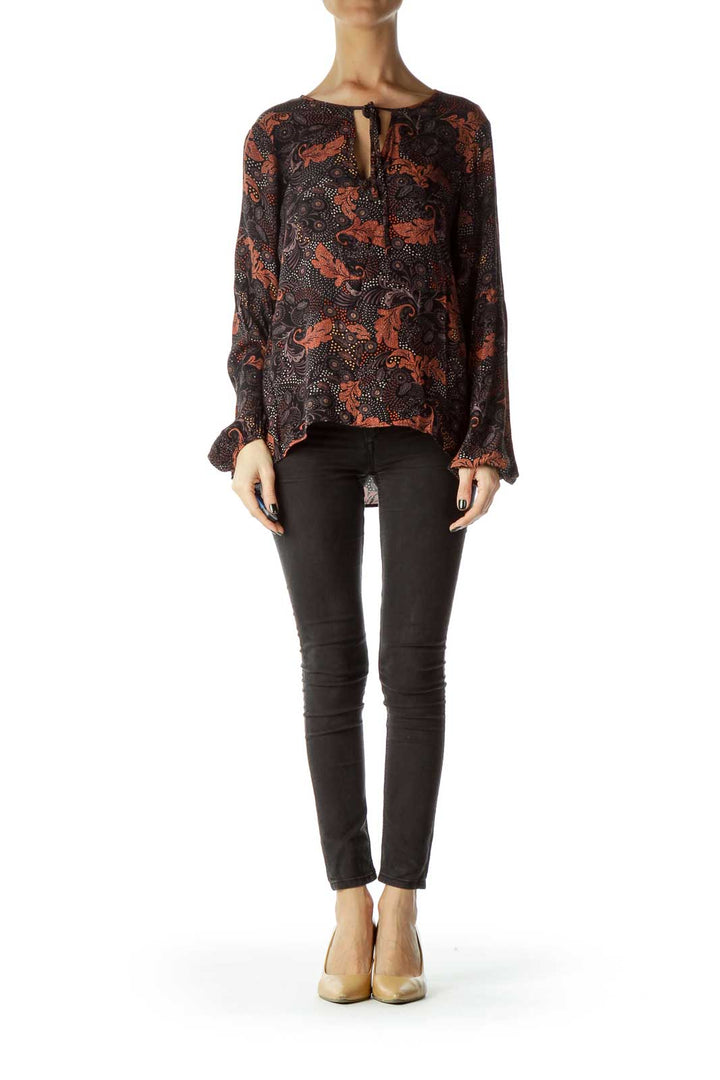 Black Printed Long Sleeve Tie Blouse