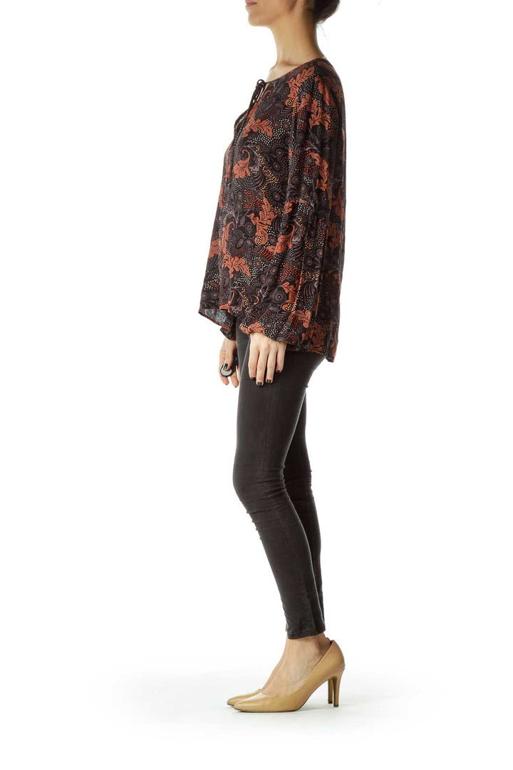 Black Printed Long Sleeve Tie Blouse